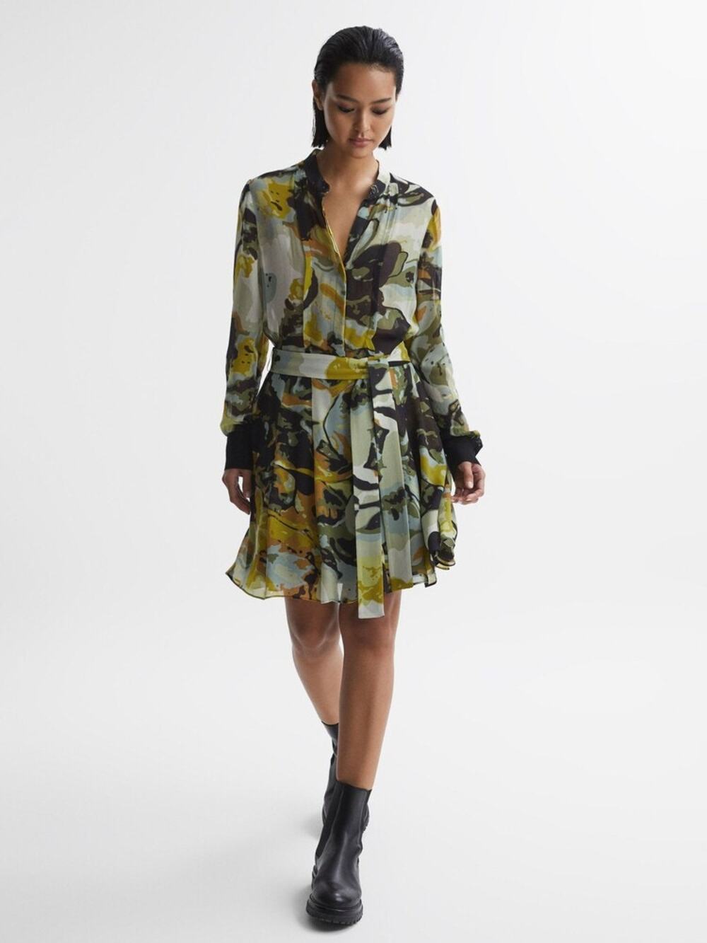 Reiss Floral Print Belted Mini Dress in Khaki UK 10 US 6 Fall Wedding Party